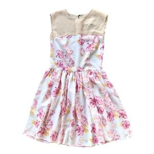 Katherine Feiner Floral Sheer Panel Back Cocktail Dress White Pink Beige Size 4